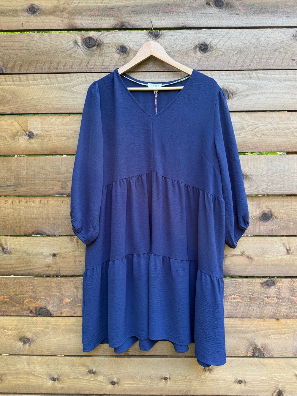 Umgee Navy V-Neck Tiered Dress Three-Quarter Sleeves